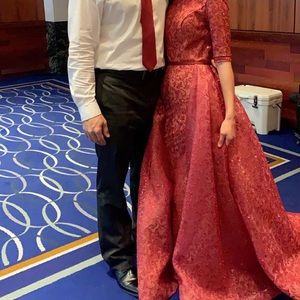 Red evening gown with detachable skirt